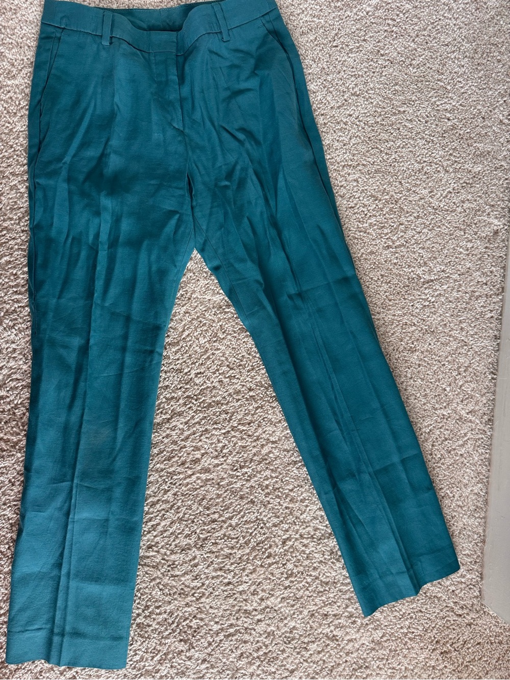 Dries Van Noten Women's Teal Solid Flat Front Dress Pants Cotton Silk Blend 2